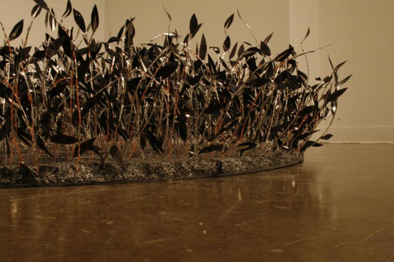 "Stiltgrass", detail, Cat 5 wires, magnetic tape, foam, 48x48x10", 2011